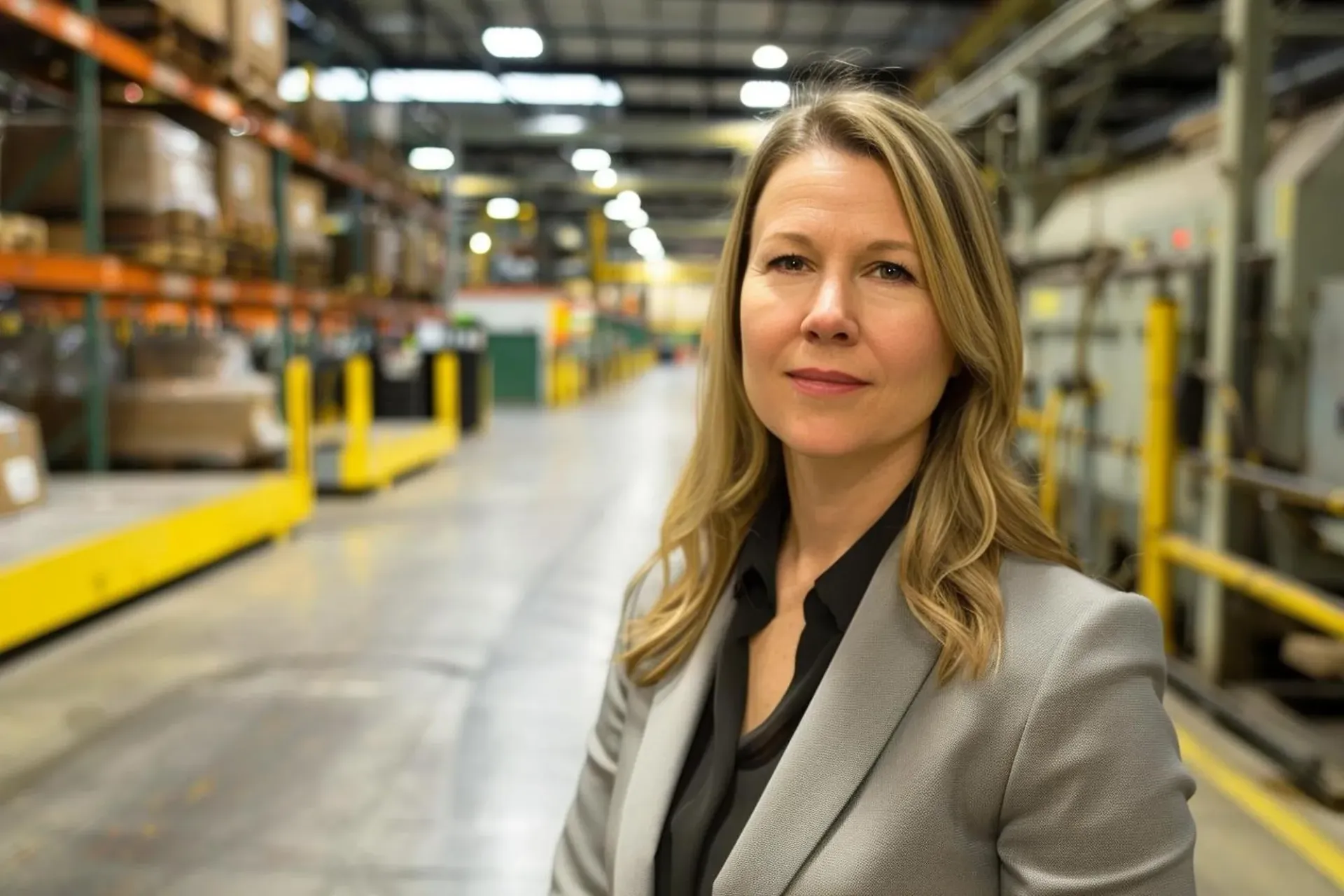 Woman in a gray blazer stands in a warehouse aisle, looking at the camera.