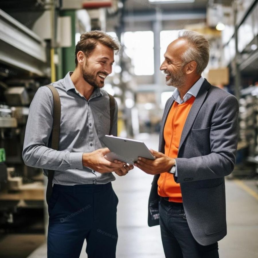 Two men are standing in a warehouse looking at a tablet.