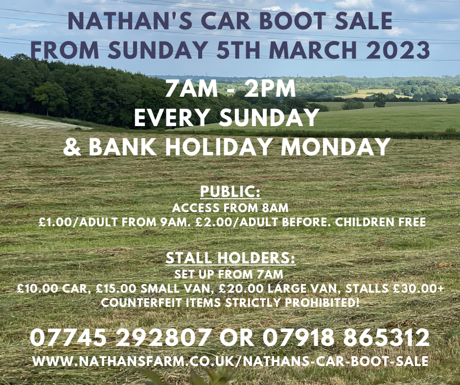 A poster for nathan 's car boot sale from sunday 5th march 2023