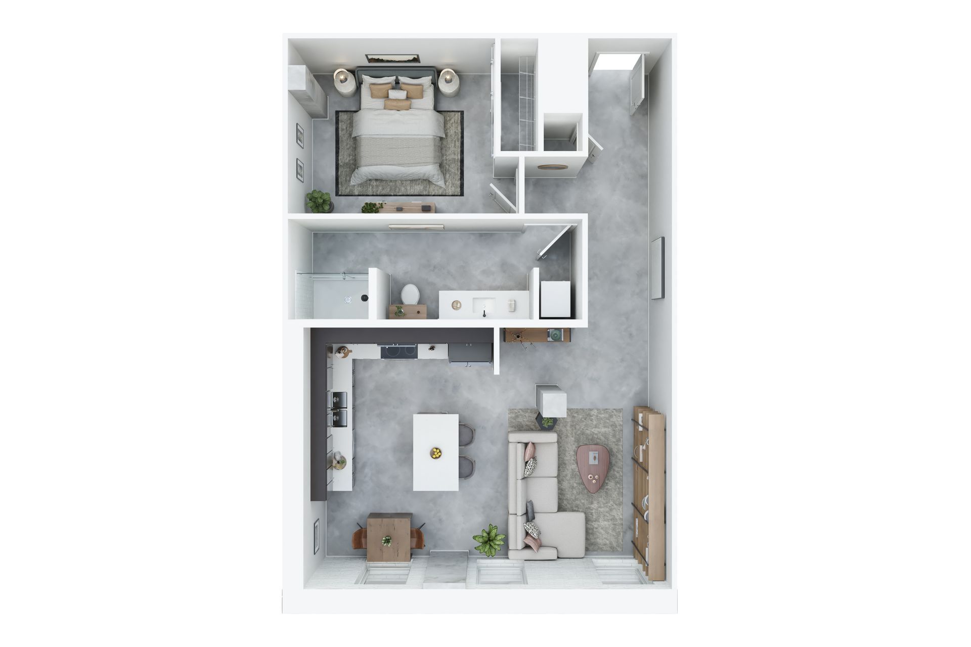 A floor plan of a small apartment with a bedroom , living room , dining room , and bathroom.