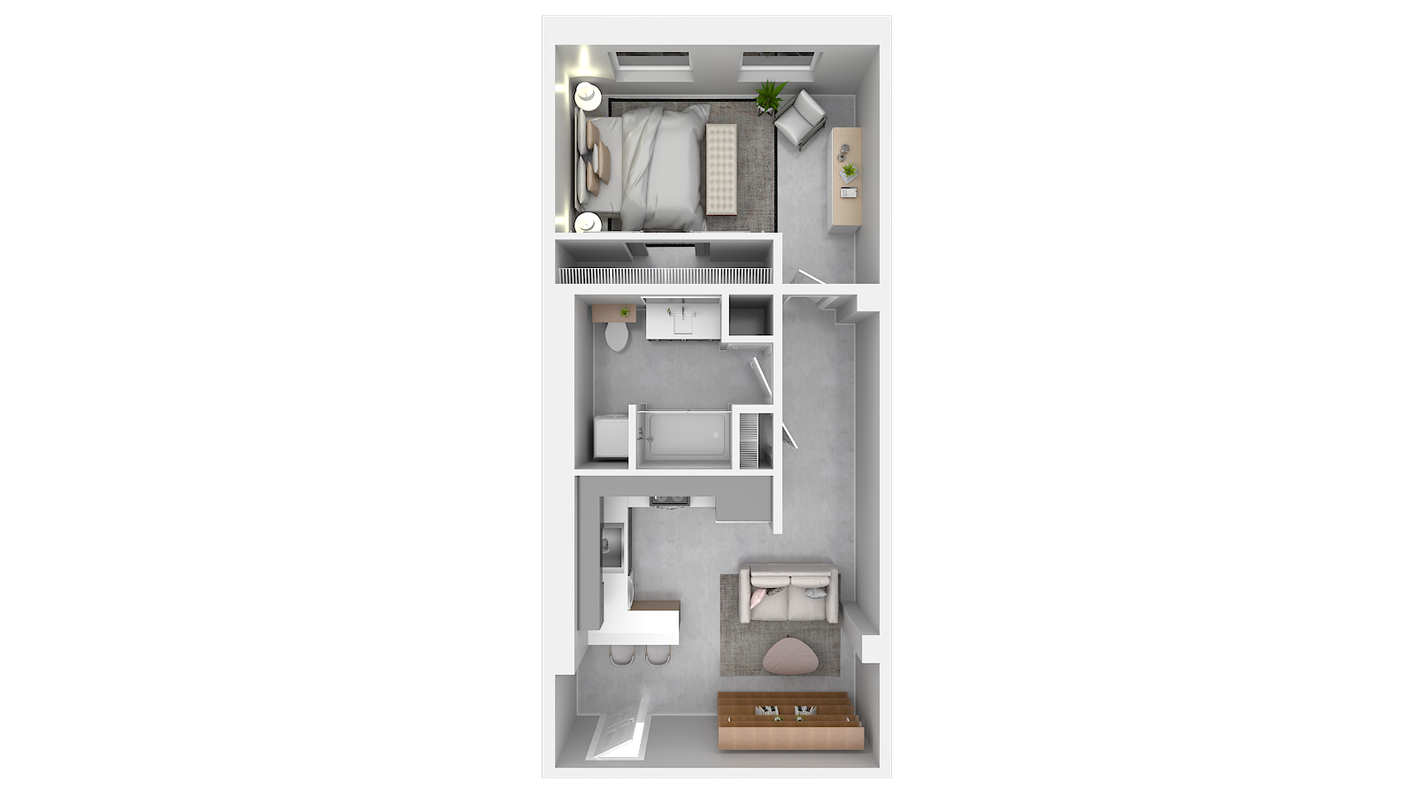 A 3d floor plan of a small apartment with a bedroom , living room , and bathroom.
