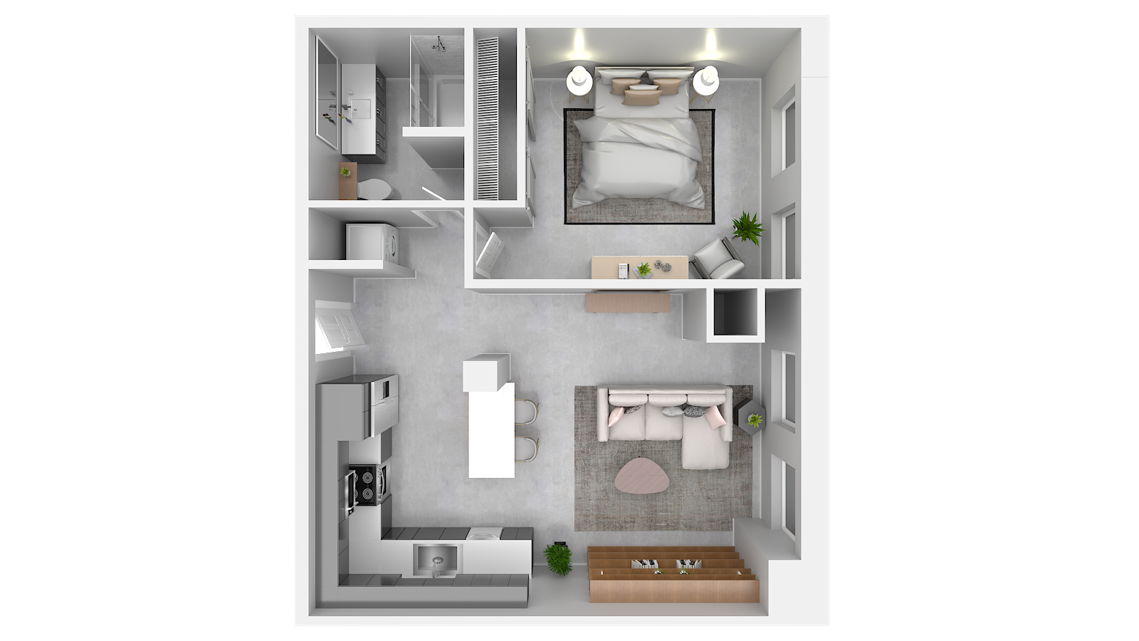 A 3d floor plan of a small apartment with a bedroom , living room , and kitchen.