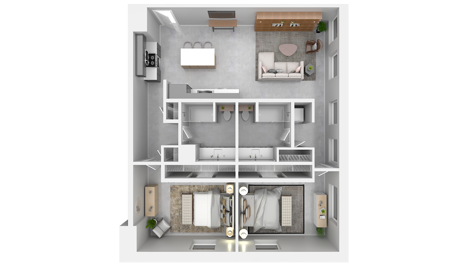 A 3d floor plan of a house with two bedrooms and a living room.