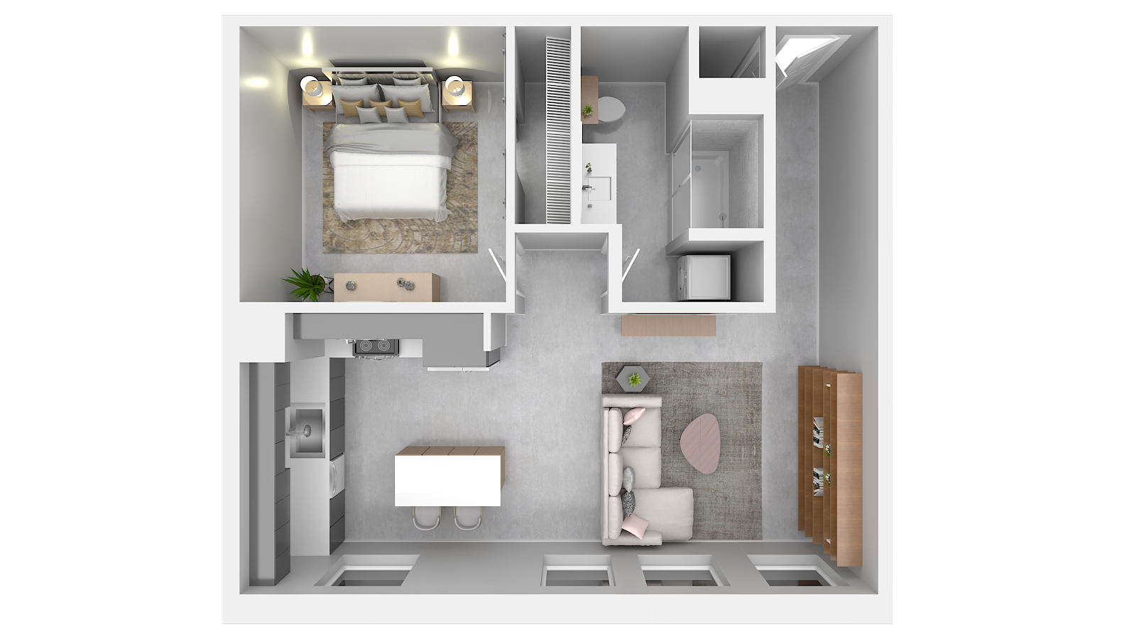 An aerial view of a floor plan of a small apartment.