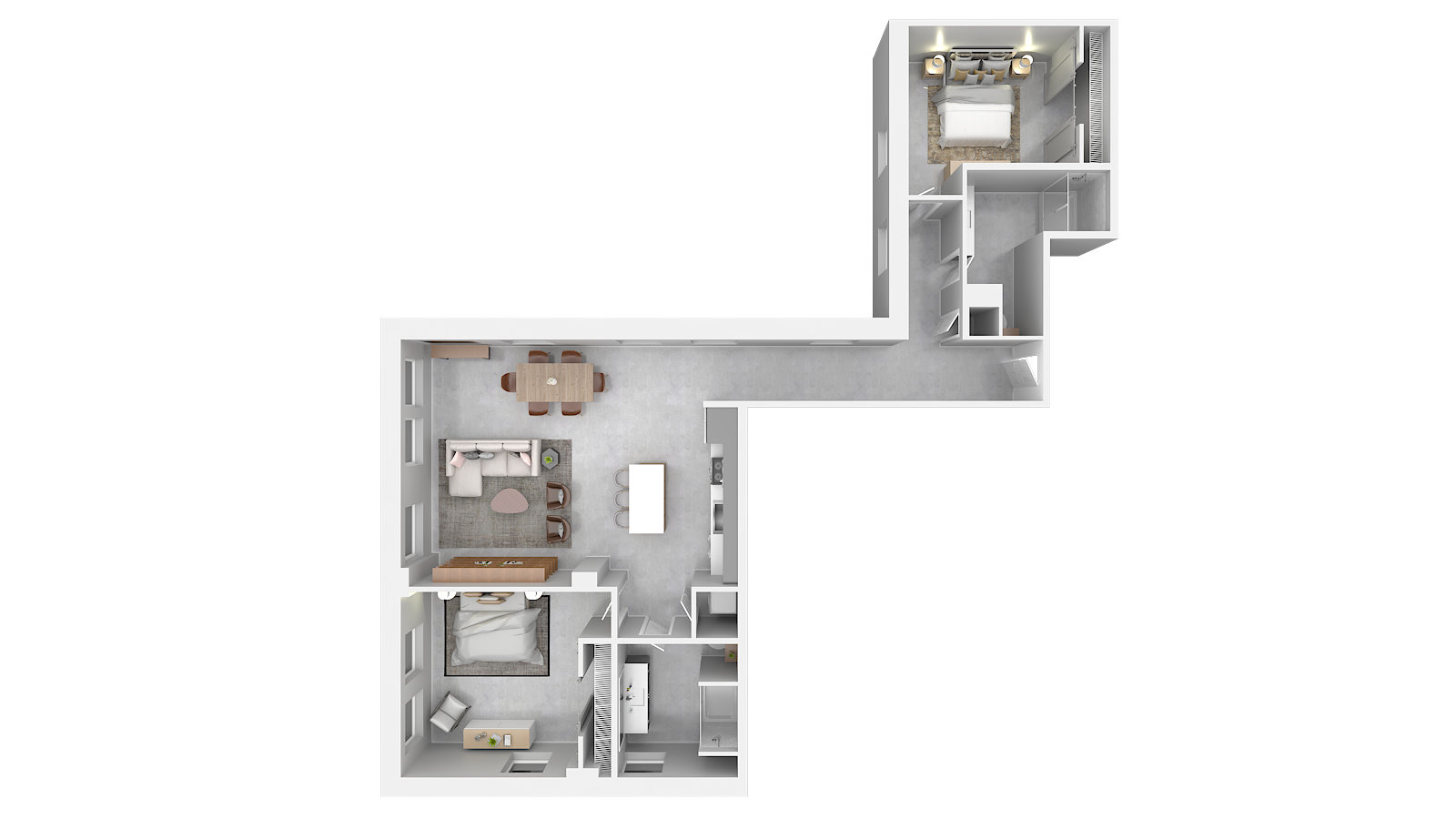 A floor plan of a house with two bedrooms , a living room , and a dining room.