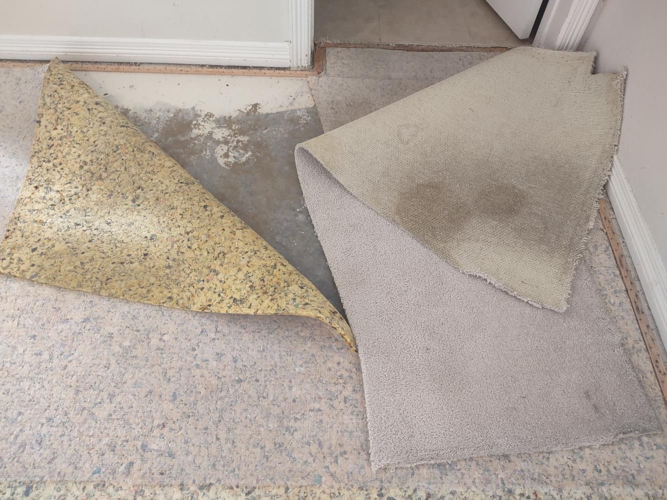 Torn carpet and yellow underlayment reveal a gray concrete floor in the corner of a room.