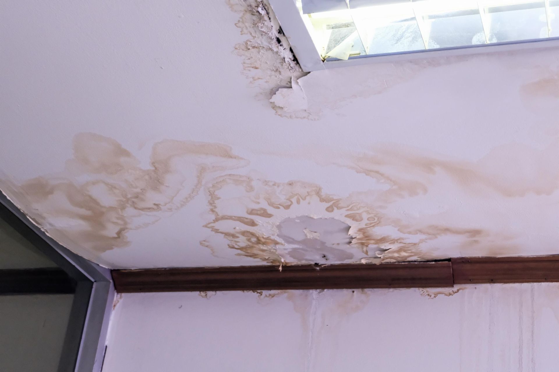 A white ceiling with extensive brown water damage stains near a light fixture and a wall corner.