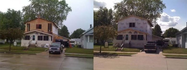 A side-by-side comparison of a house under construction.