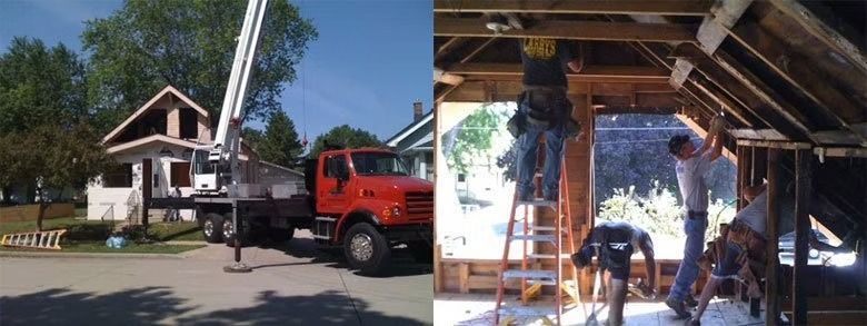 A split-screen showing a crane truck parked outside a house under construction.