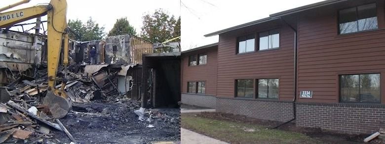 A split-screen showing a fire-damaged building being demolished by an excavator.