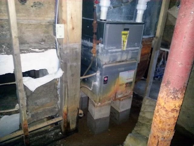 A modern furnace rests on concrete blocks in a basement.