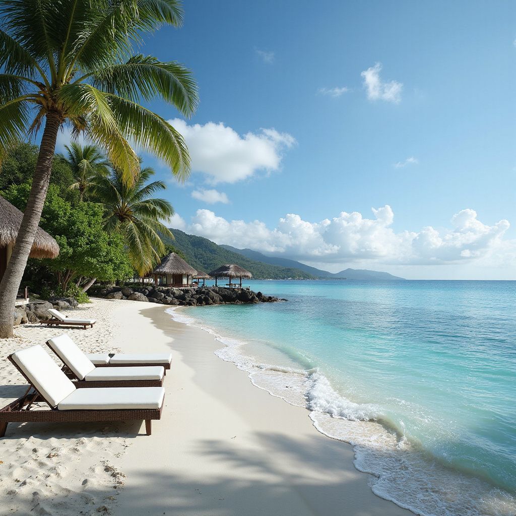 If you want Beach with palm trees, turquoise water, lounge chairs, and small huts under a bright blue sky let us help