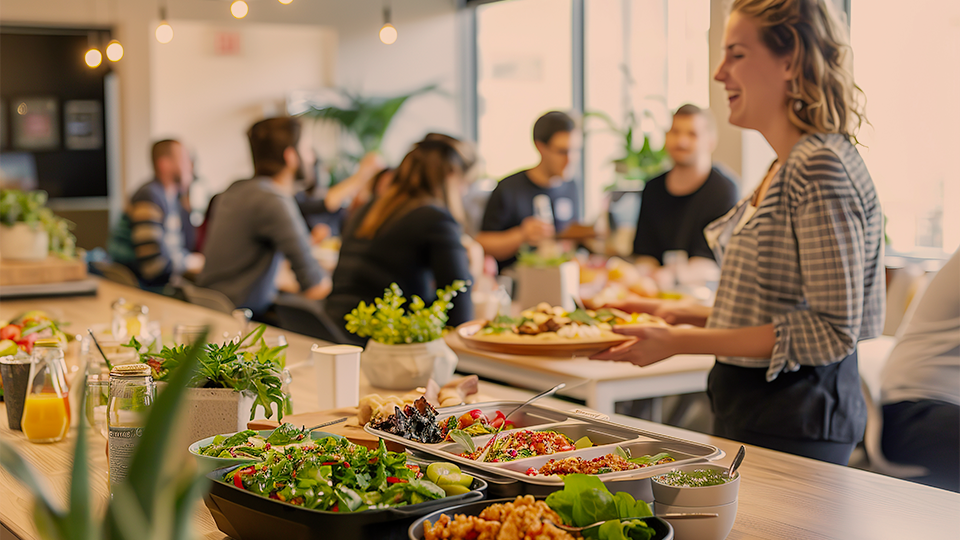 A woman is serving food to a group of people in a restaurant.