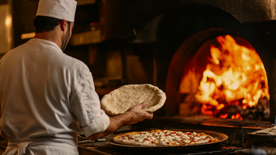 A chef is putting a pizza into an oven.