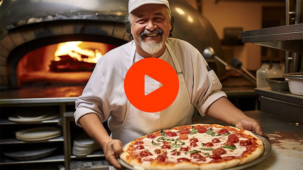 A man is holding a pizza in front of an oven.