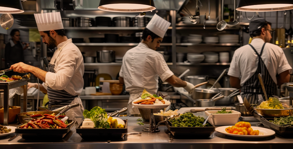 A group of chefs are preparing food in a restaurant kitchen.