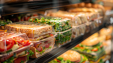 A display case filled with sandwiches and salads in plastic containers.