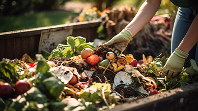 A person is making compost from fruits and vegetables in a garden.