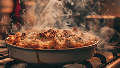 Smoke is coming out of a pan of macaroni and cheese on a stove.
