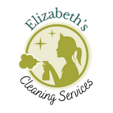 A logo for elizabeth 's cleaning services with a woman spraying a spray bottle