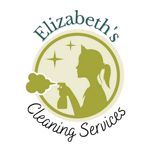 A logo for elizabeth 's cleaning services with a woman spraying a spray bottle