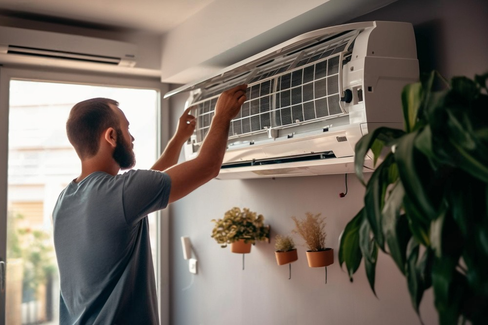 a man is cleaning a wall mounted air conditioner