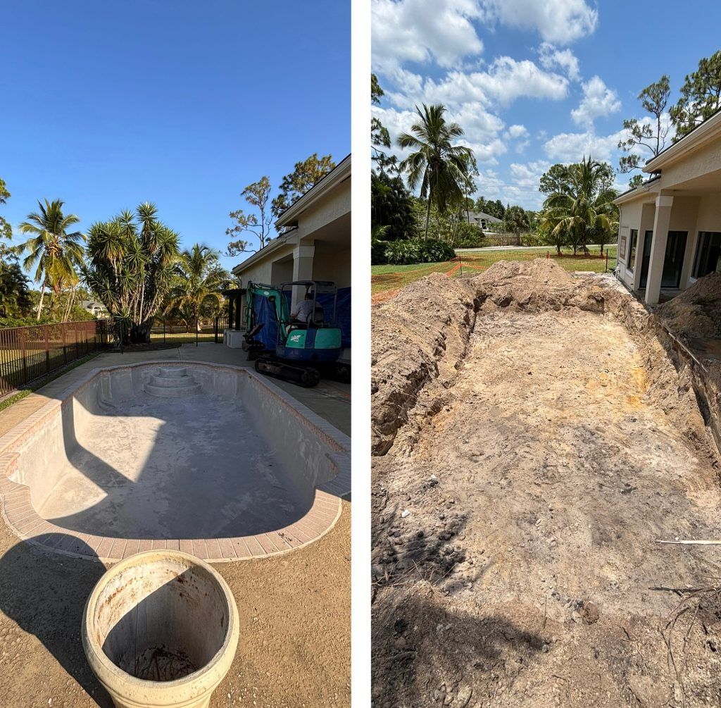 Left: Concrete skate bowl in yard, blue sky. Right: Unfinished construction site, soil, and house.