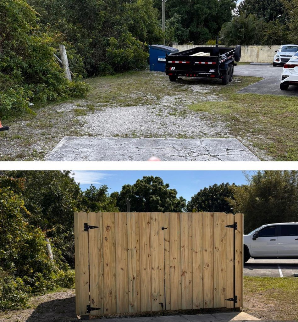 Top: Grassy lot with dumpster and trailer. Bottom: Wooden fence built around the dumpster.
