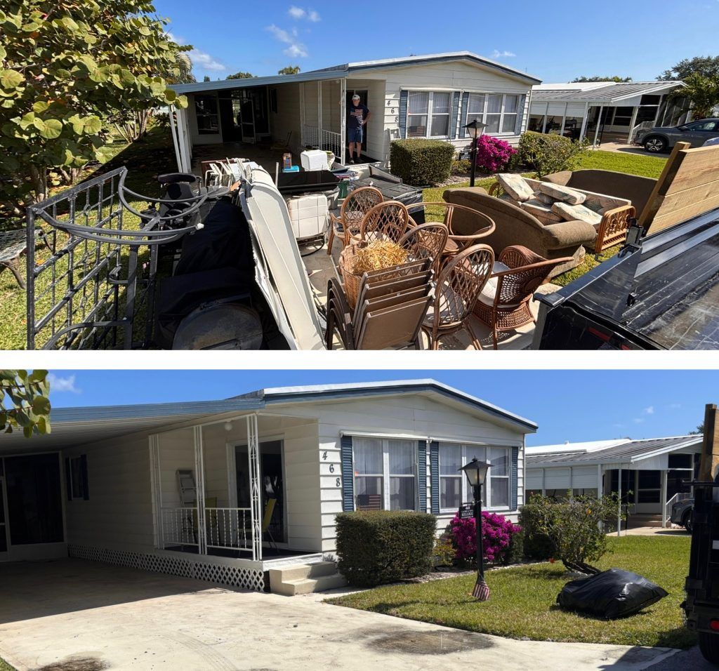 Before-and-after of mobile home exterior, with trash pile removed. White house, blue sky, green grass, driveway.