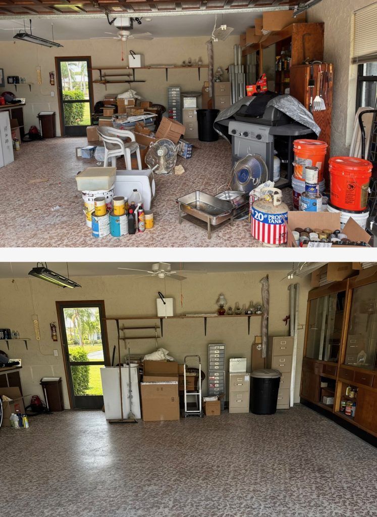 Top: Messy garage filled with items. Bottom: Clean and organized garage.