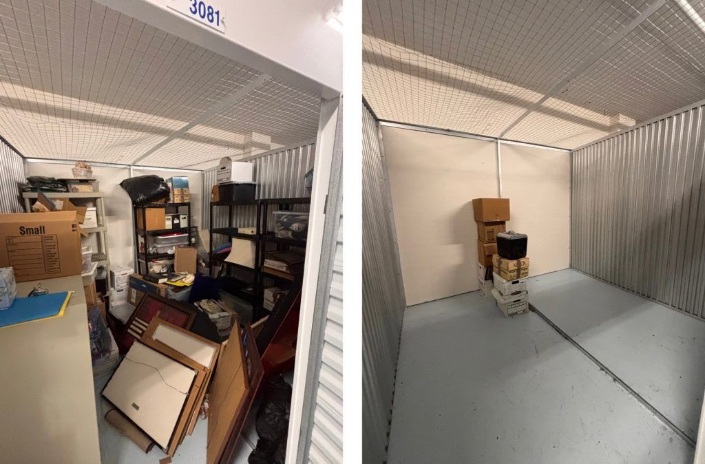 Two storage units: one cluttered with boxes and shelves, the other empty with boxes near the back.