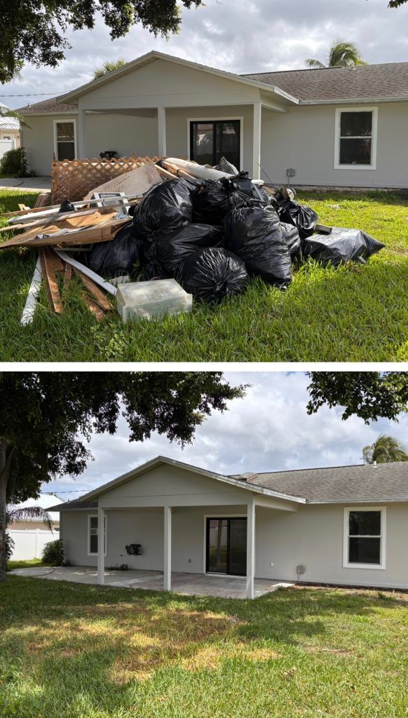 Before-and-after of a house exterior. Top: pile of debris. Bottom: cleared patio and backyard.
