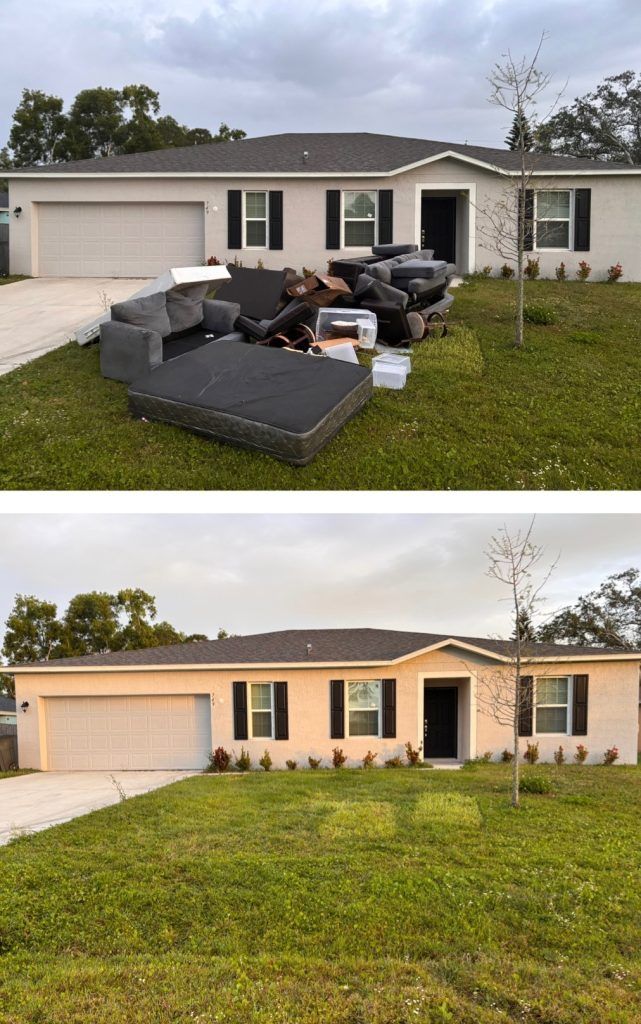 Top: A home with a pile of debris on the lawn. Bottom: The same home, clean lawn.