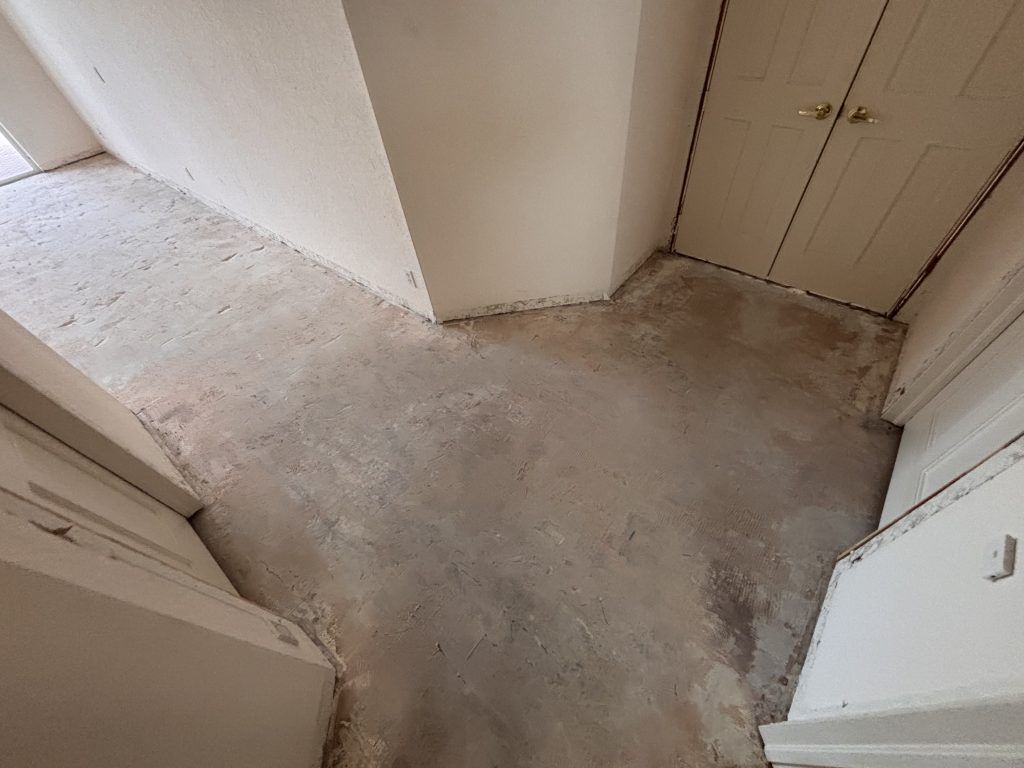 Concrete floor in a small entryway. White door frames and walls.