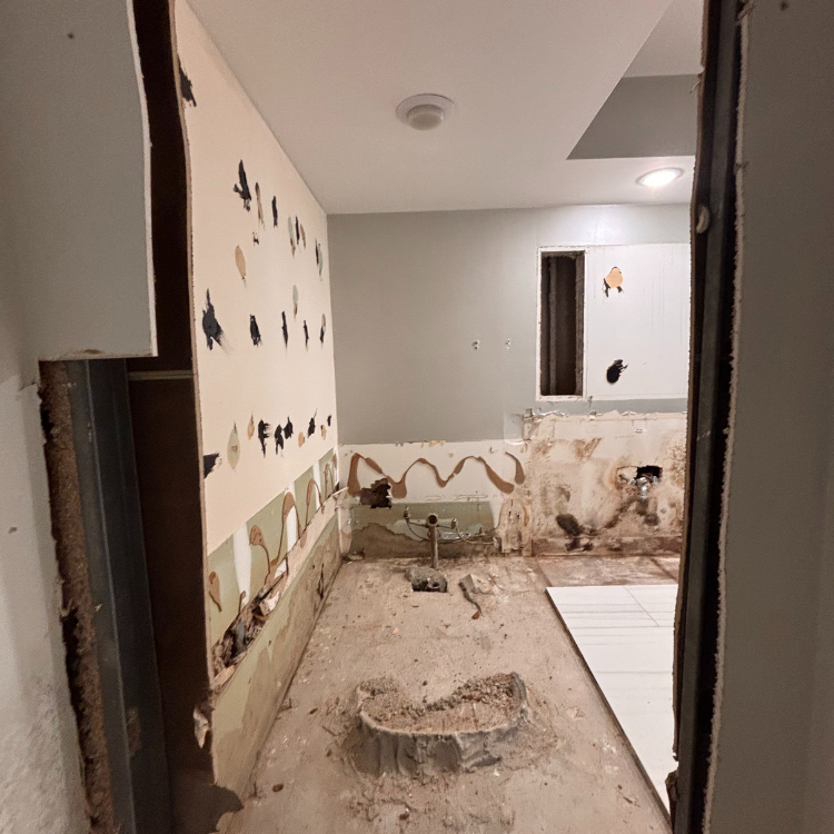 Bathroom renovation in progress, walls stripped bare. White, tan, and grey colors. Debris on floor.