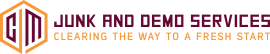 Logo for Junk and Demo Services. The logo features a hexagon shape with the letters "GM". Text reads "JUNK AND DEMO SERVICES" and "CLEARING THE WAY TO A FRESH START".