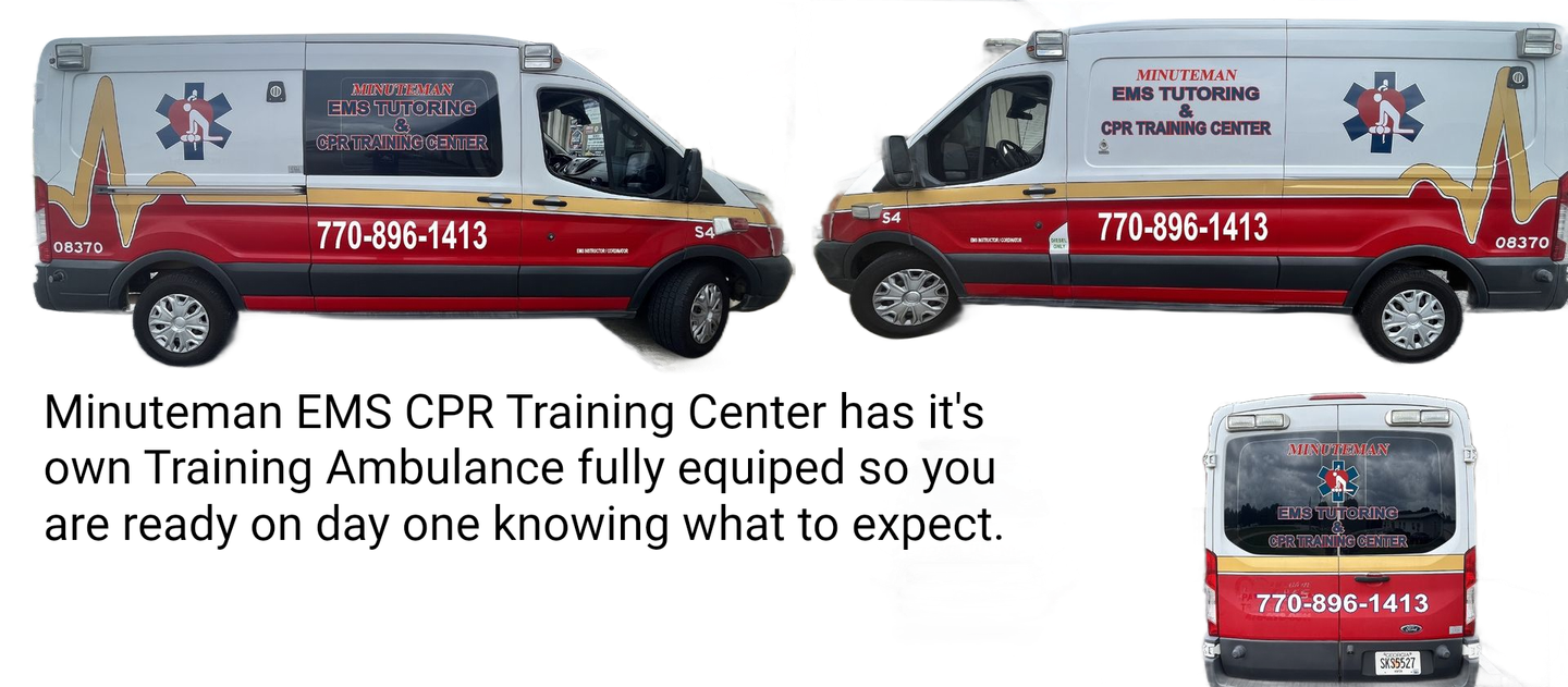 Minuteman CPR Mobile
Minuteman EMS & CPR Training Center proudly offers on-site CPR, AED, and First Aid certification classes at your location.
We bring our professional instructors and training equipment directly to your facility — including Daycare Centers, Nursing Homes, Assisted Living Homes, Dental Offices, Industrial Warehouses, and Churches (depending on group size).
Our training center in Conyers, Georgia, is also open to all of the above organizations and individuals who prefer to attend classes at our facility.