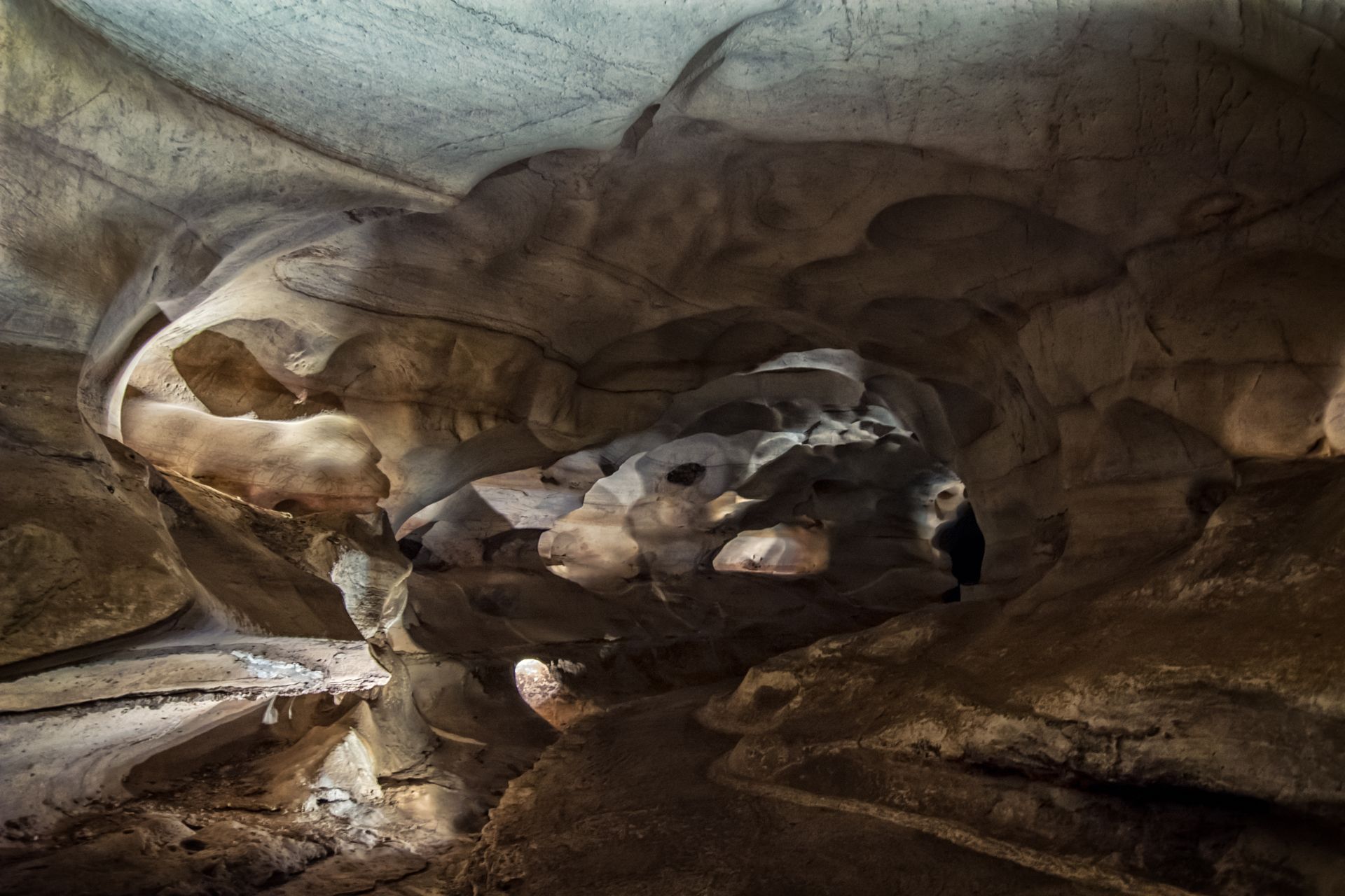 Sunlit cave opening with rocky walls, moss, and trees beyond the entrance