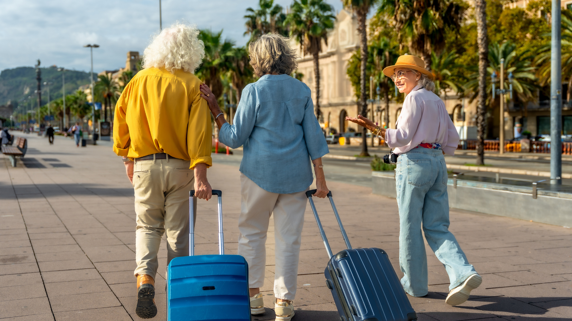 Three travelers with rolling suitcases walk along a sunny palm-lined waterfront promenade.