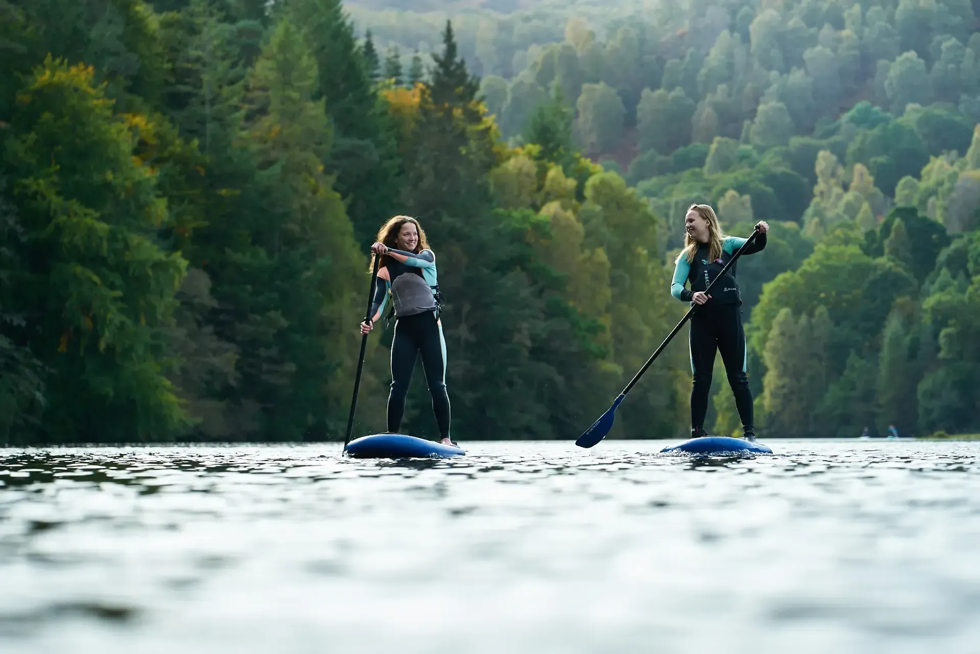 Two people paddleboarding on a lake, facing away from the viewer, with trees in the background.