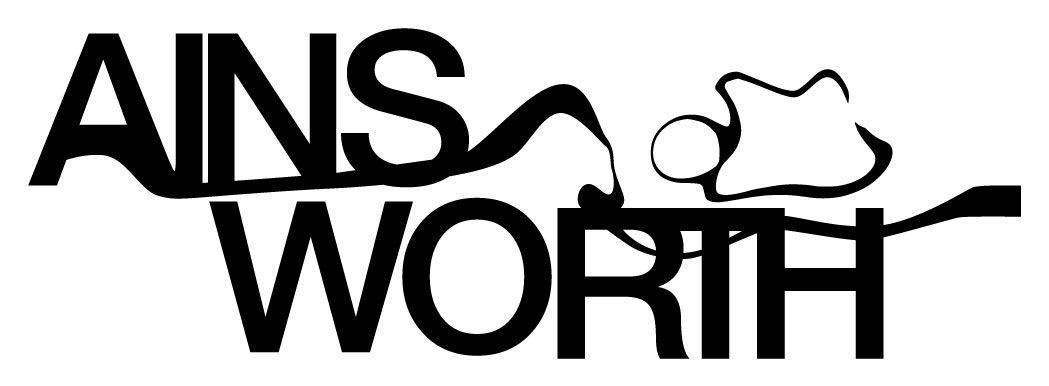Ainsworth logo in black text with an abstract design element.
