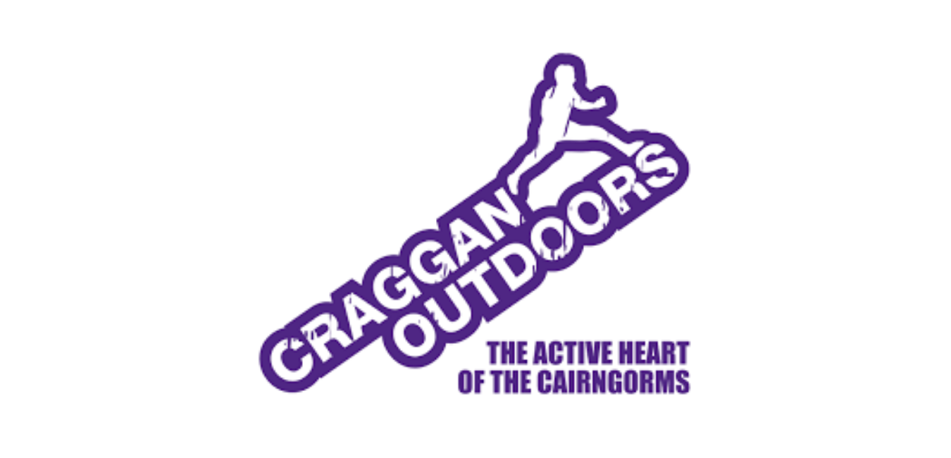 Logo for Craggan Outdoors, featuring a running figure above angled text in purple, with a tagline below.