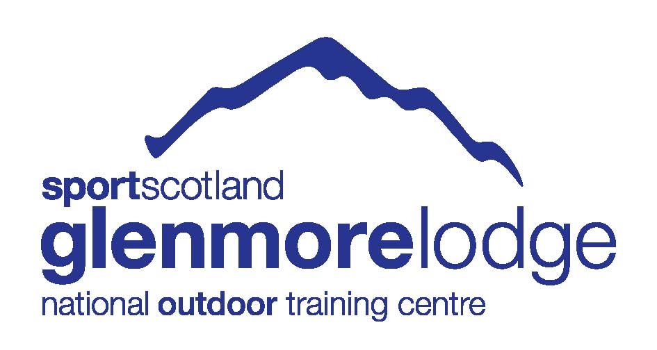 Logo for sportscotland Glenmore Lodge, a national outdoor training centre, featuring a blue mountain silhouette and text.