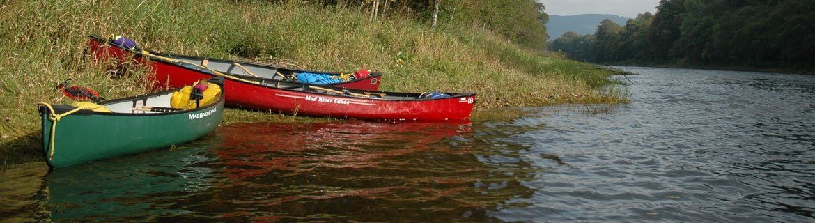 Two canoes are sitting on the shore of a river.