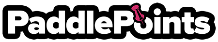 Logo for PaddlePoints: white text with black outline, featuring a red pushpin.