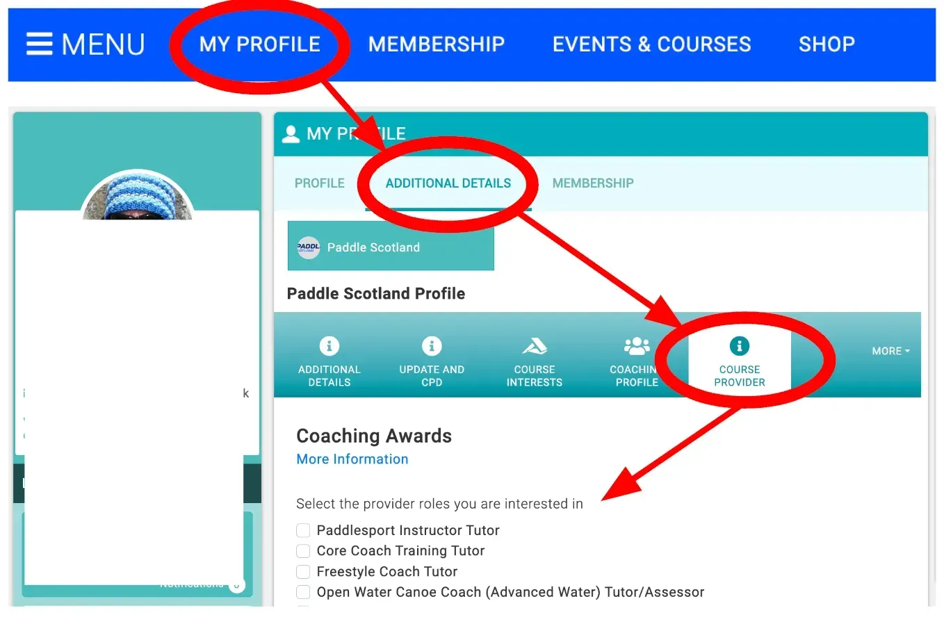 A screenshot of a website showing the menu and my profile