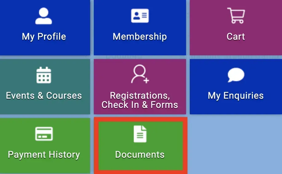 Navigation menu with icons for profile, membership, cart, events, registrations, inquiries, payment history, and documents. The