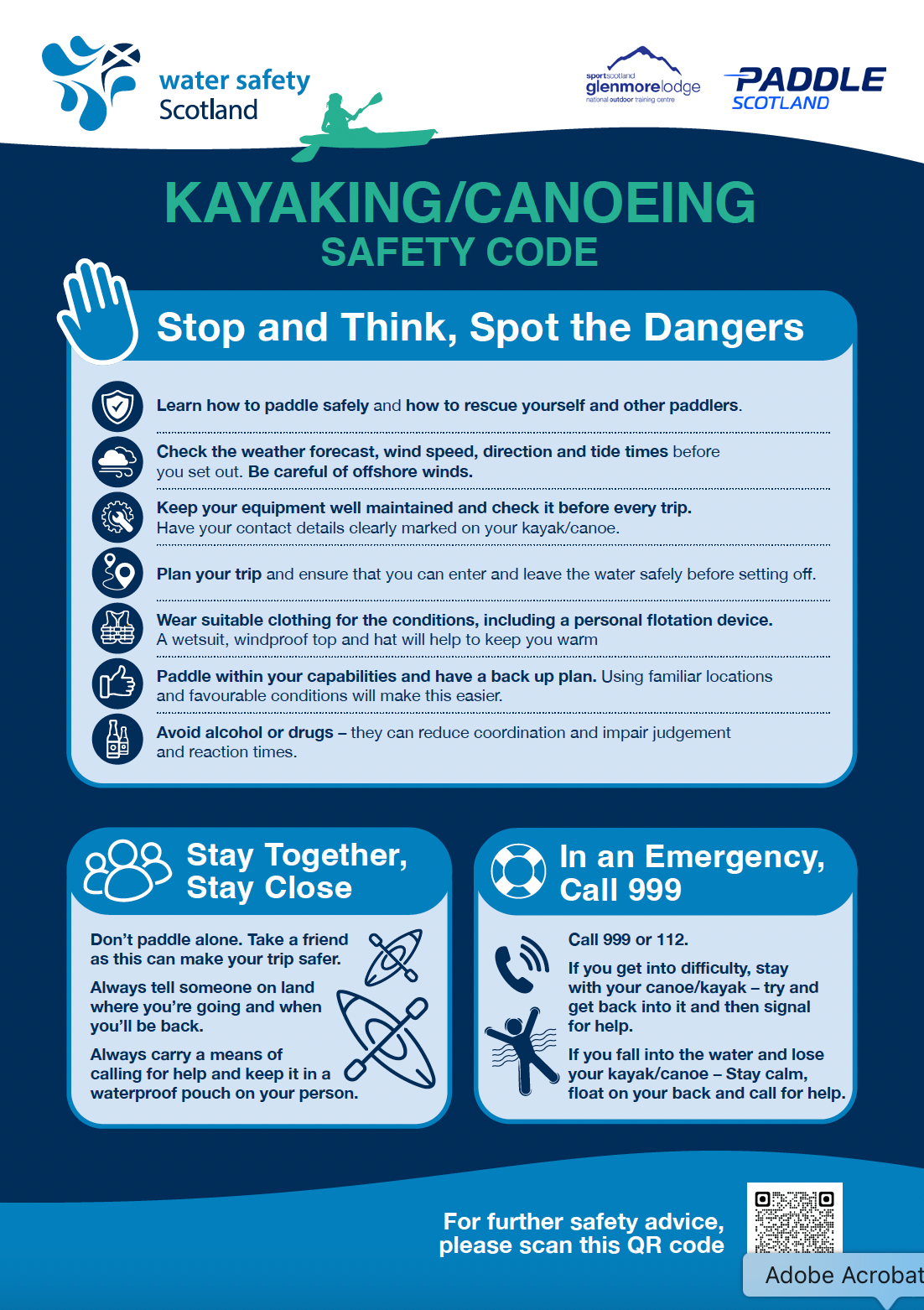 Poster with kayak safety code, stop and think about dangers, stay together/close, and call 999 in an emergency. Blue background.