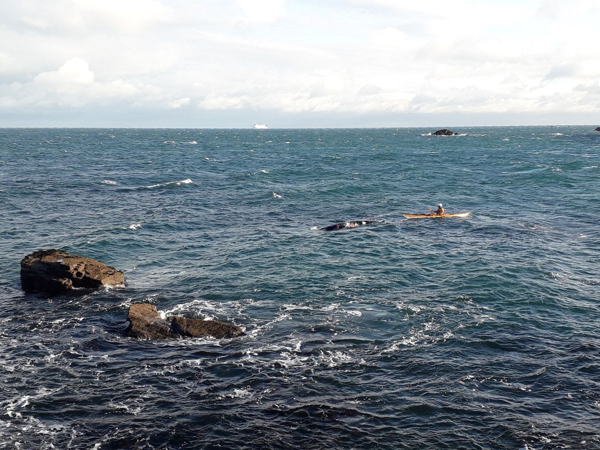 A large body of water with rocks in the foreground and a boat in the distance.