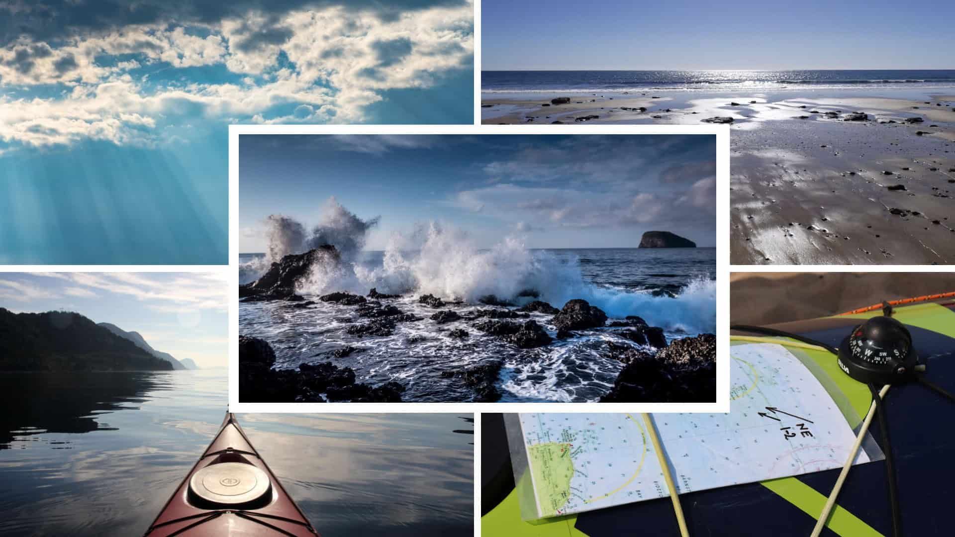 A collage of pictures of the ocean including a kayak and a surfboard